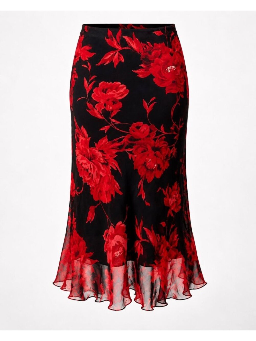 Karen Kane Size L Vintage Y2K Black Red Floral Silk Maxi Skirt Dark Romance